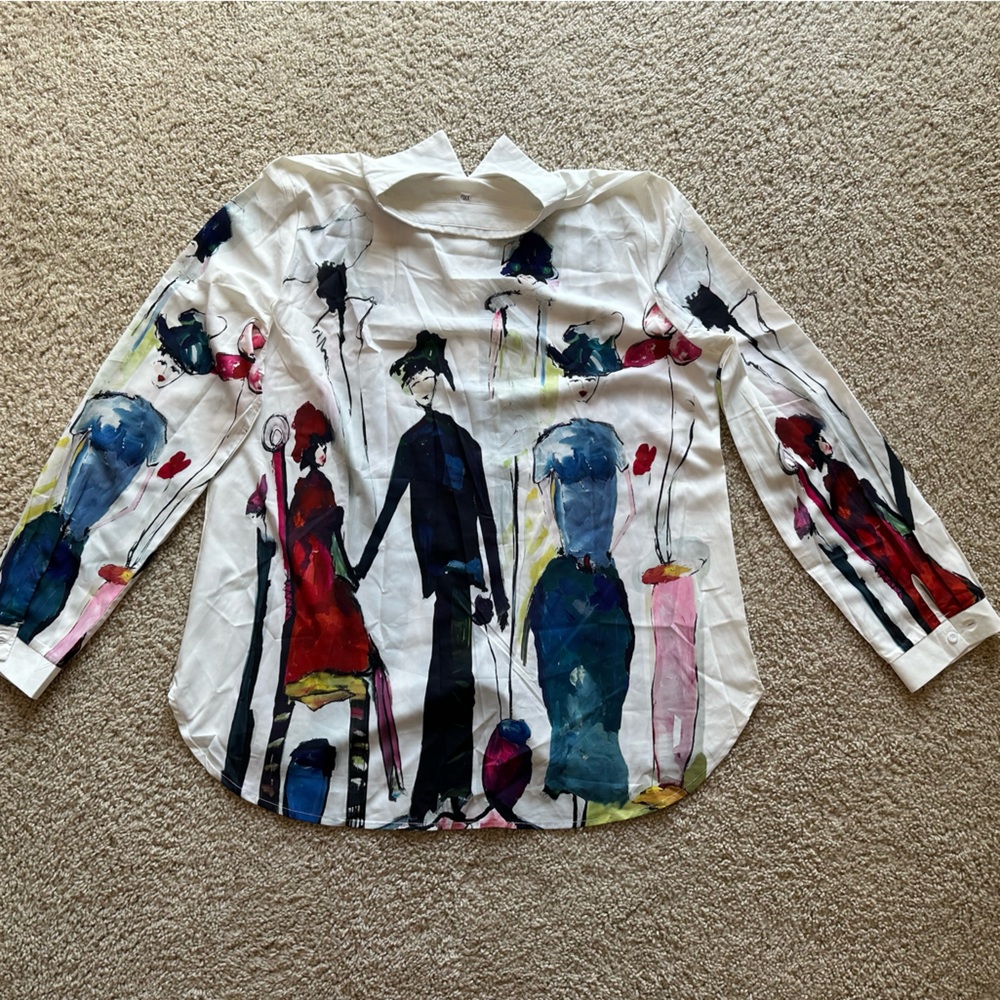 NWOT Artistic Print Button-Up Shirt long sleeve blouse XL Shein multicolor white - Picture 5 of 16